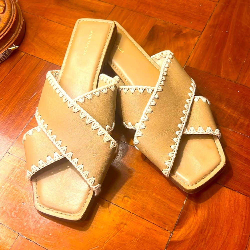 Ann Taylor Sandals, tan with white trim, size 8.5